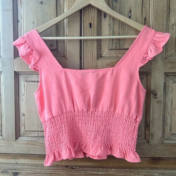 BCBGeneration Small Coral Pink Cropped Smocked Blouse Top Square Neck NWT New - Picture 4 of 10